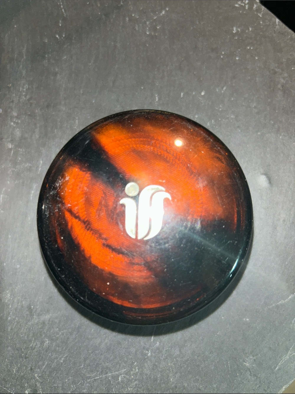 CORN SILK Vintage Round Glossy Compact with Metallic Logo - Black & Orange Swirl